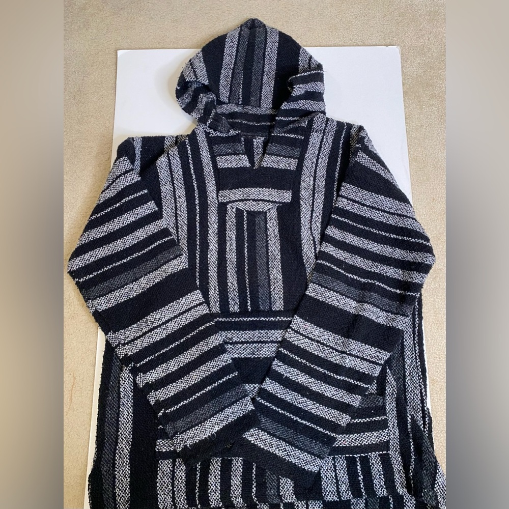 Men's Black and Gray Striped Hooded Crewneck Sweater